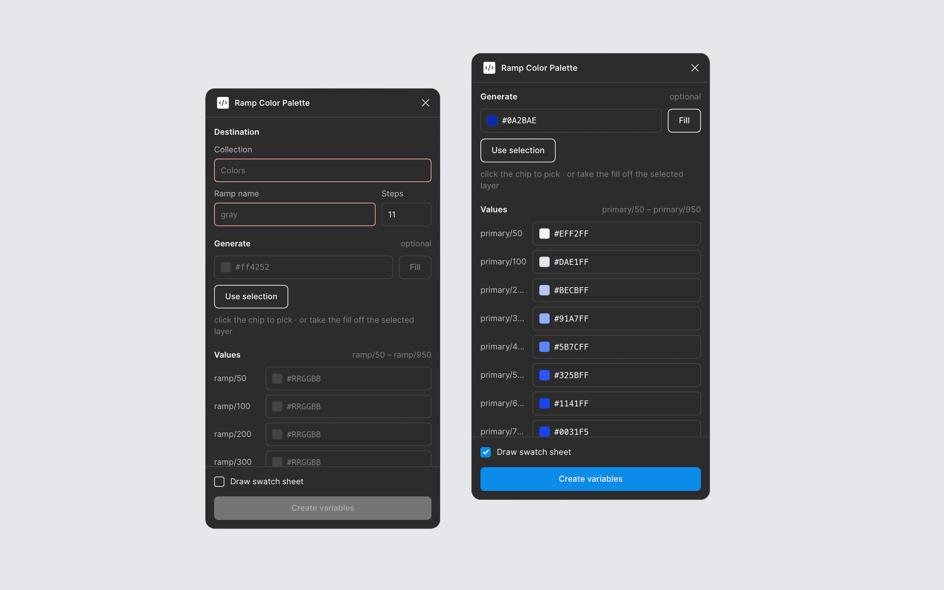 Two views of the Ramp Color Palette panel in Figma: an empty form on the left, and on the right the same form filled in with a blue base color and the eleven hex values generated from it.