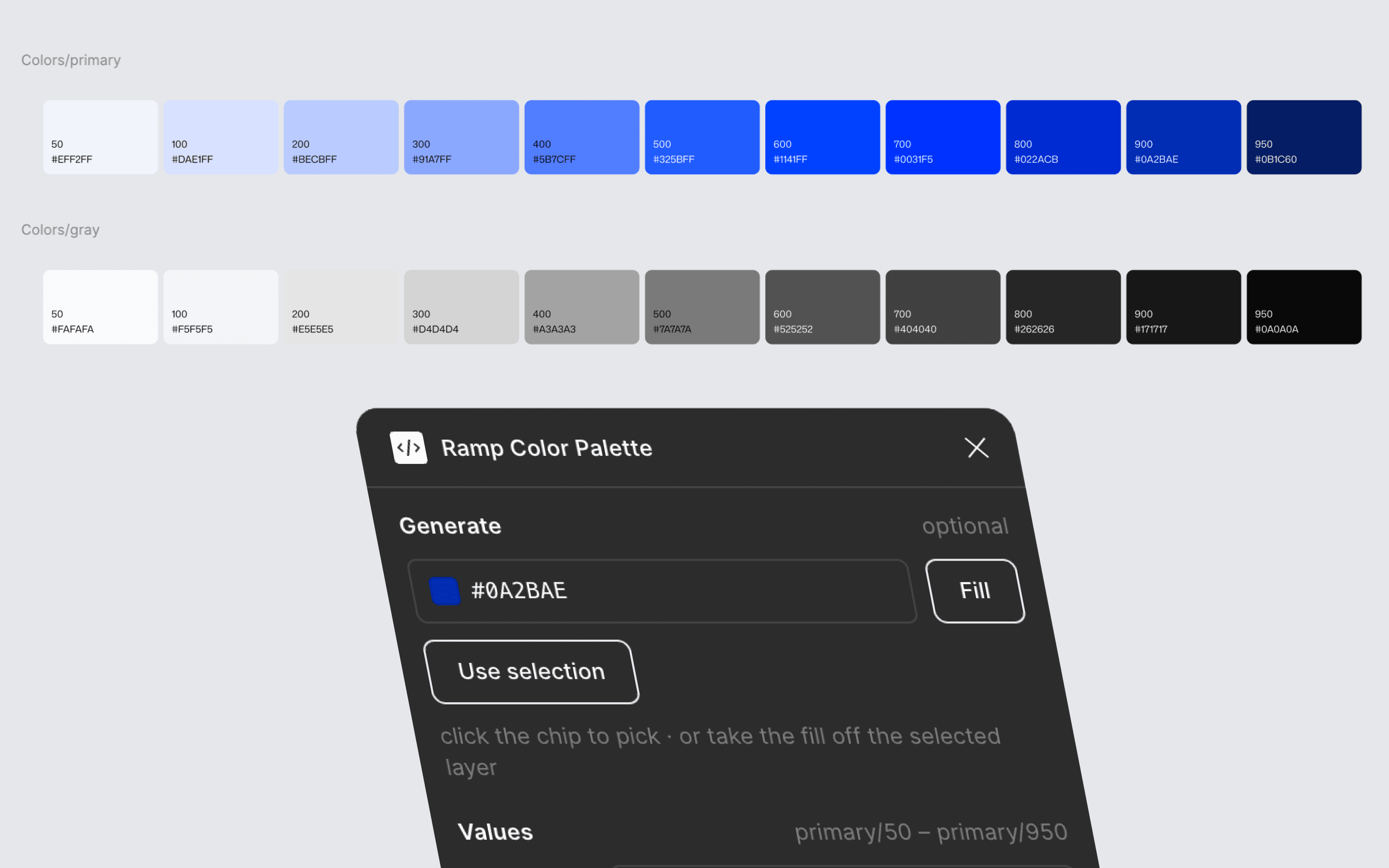 A generated swatch sheet on the Figma canvas: two rows of eleven color chips, a blue primary ramp above a gray one, each chip labelled with its step number and hex value.